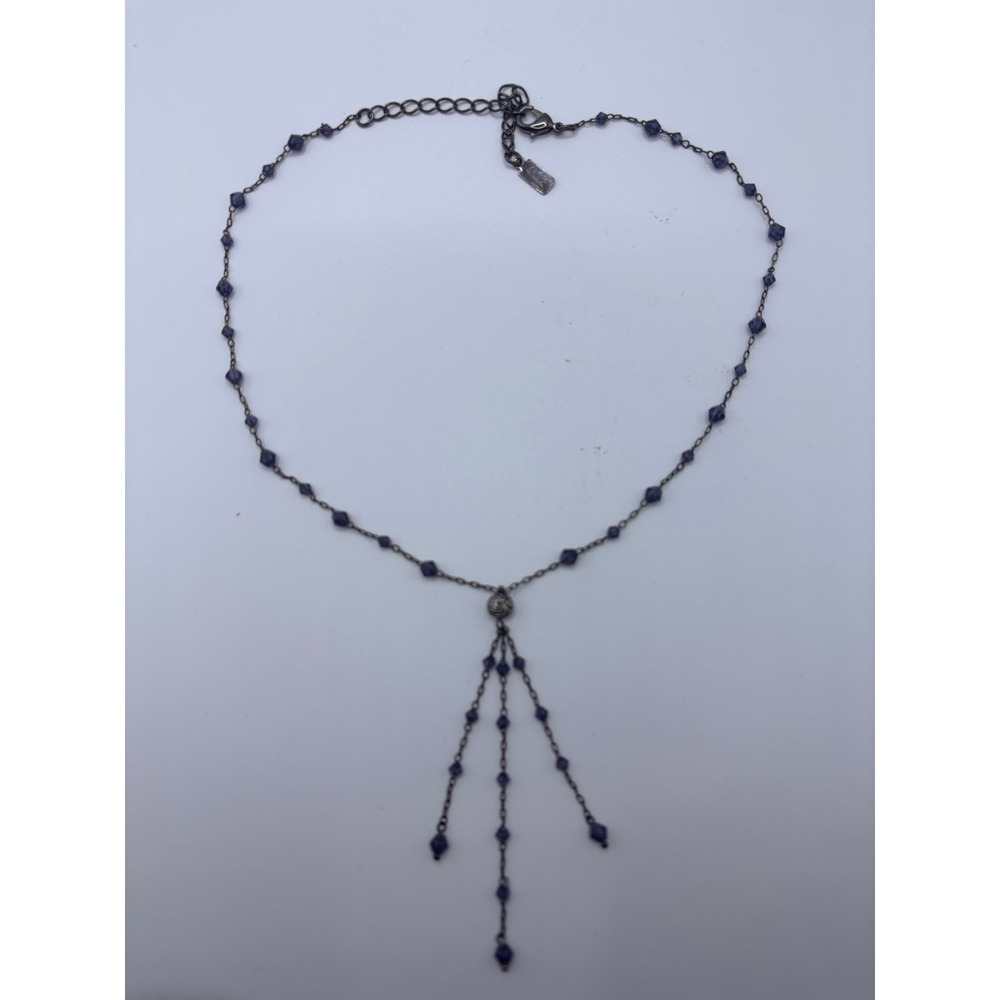 1928 Jewelry Purple Crystal Beaded Tassel Necklace Gunmetal Tone Rose Detail 15"